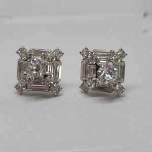 Vtg Glass Crystal Rhinestone Art Deco Layered Baguette Round Screw Back Earrings